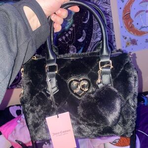 Juicy Couture Black Satchel with Plush Texture and Silver Hardware
